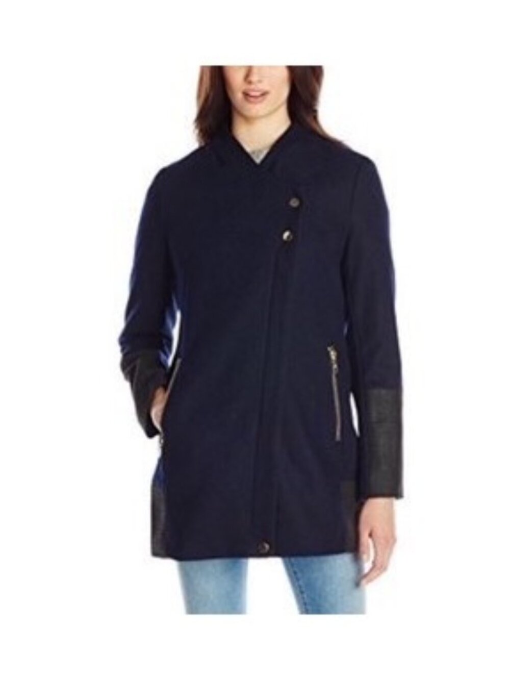 Sam Edelman Black Asymmetrical Concealed Zip Gold-Tone Buttons Wool Blend Coat S